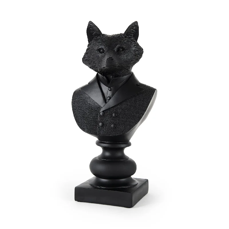 Black Resin Suited Fox Bust Sculpture