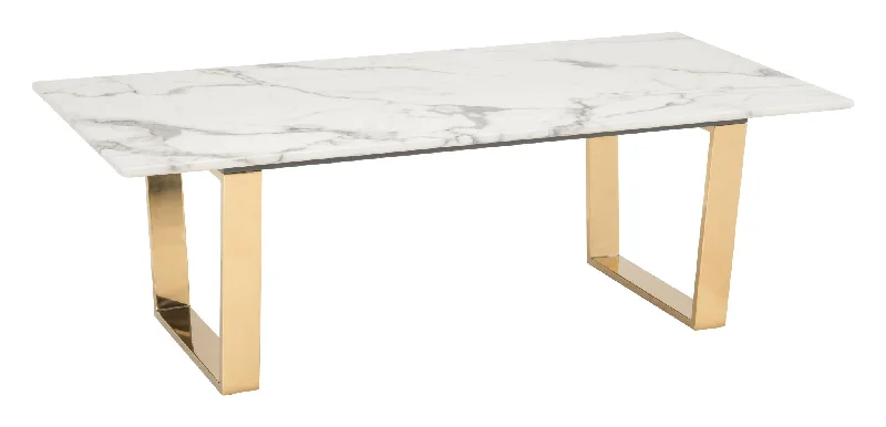 47" White And Gold Faux Marble And Steel Coffee Table