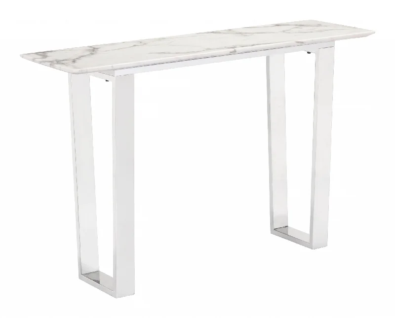 47" White and Silver Stone Sled Console Table