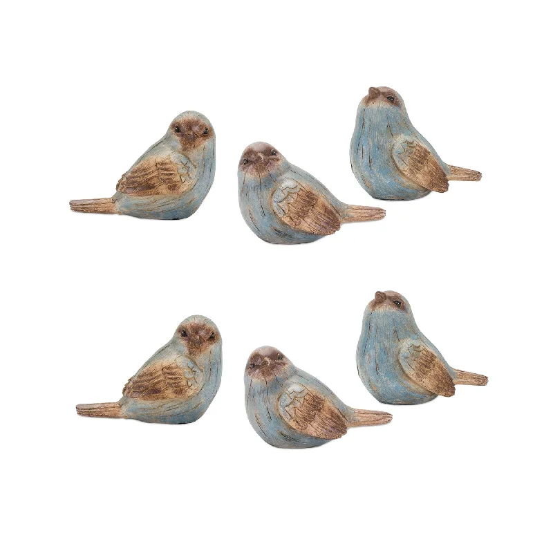 Set Of Six 3" Blue and Brown Polyresin Bird Bird Figurine