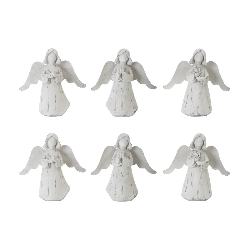 Set Of Six 6" White Washed Polyresin Angel Figurine