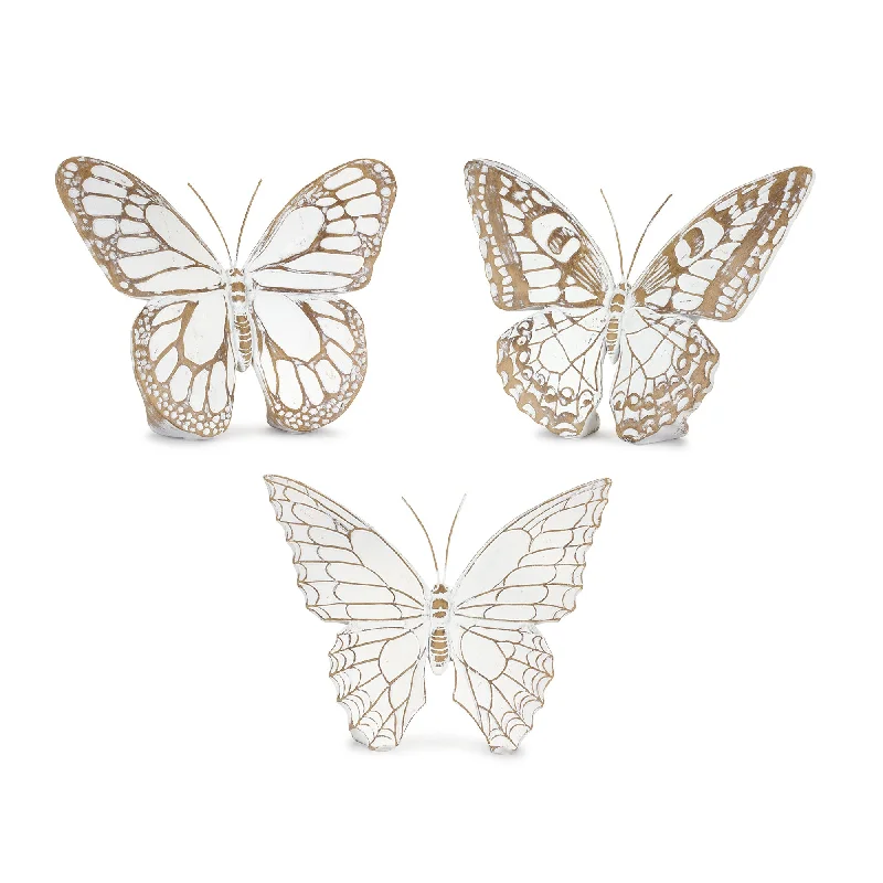 Set Of Three 6" Brown and White Polyresin Butterfly Figurine