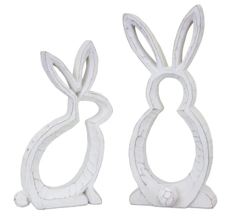 Set of Two White Distressed Rabbit Silhouette Tabletop Sculptures