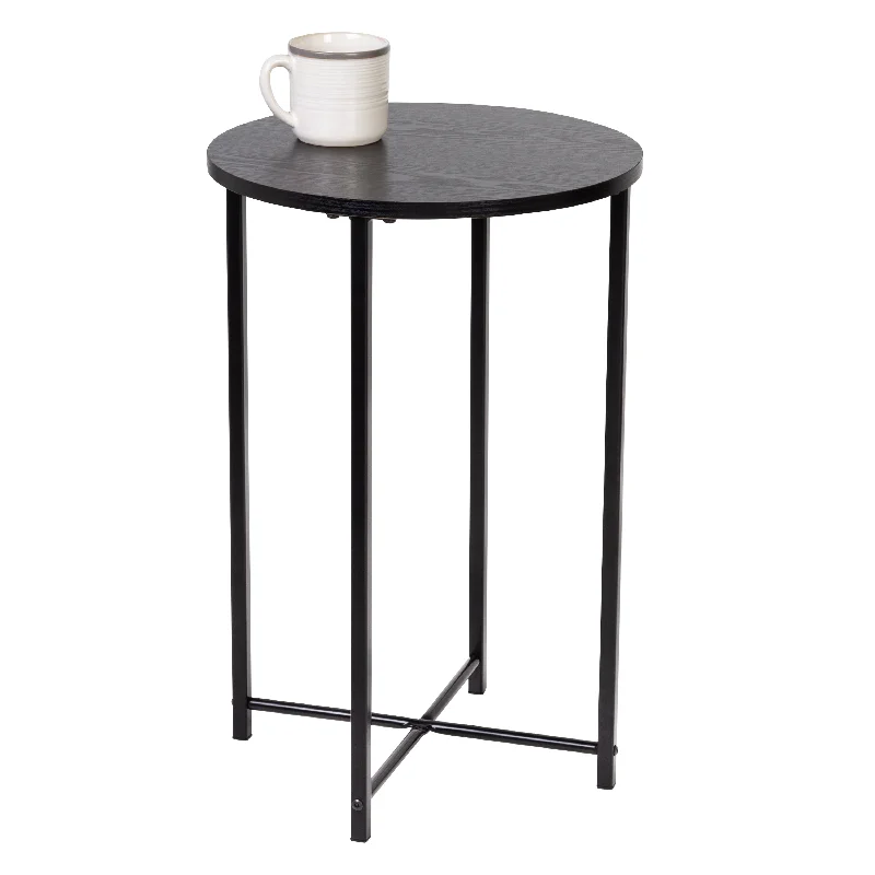 Black Round Side Table with X-Pattern Base